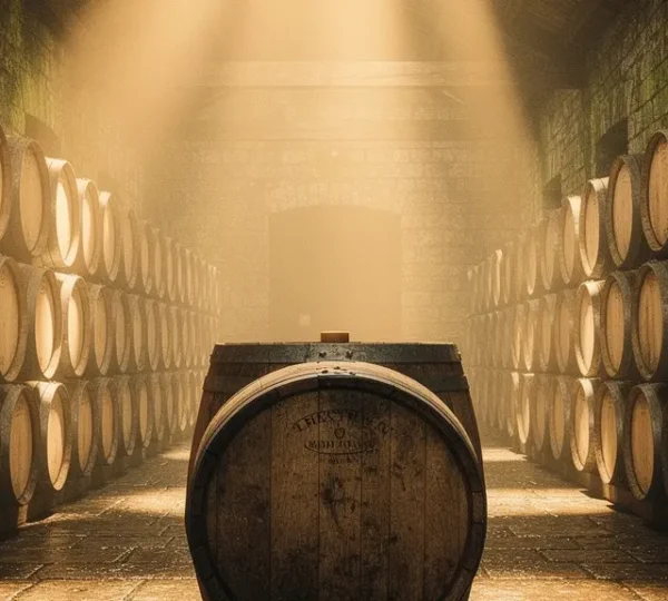 Aged whisky barrels in traditional cellar showing golden spirit with peachy amber tones