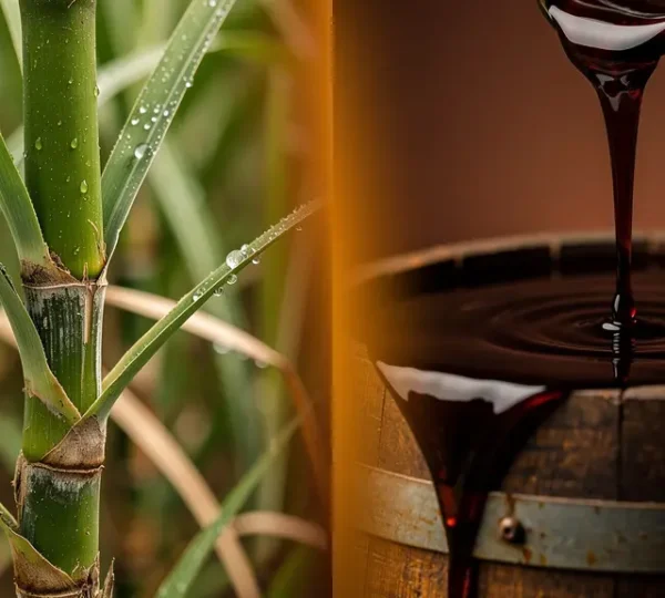 Side-by-side comparison of fresh sugarcane stalks and dark molasses syrup representing two distinct rum production methods