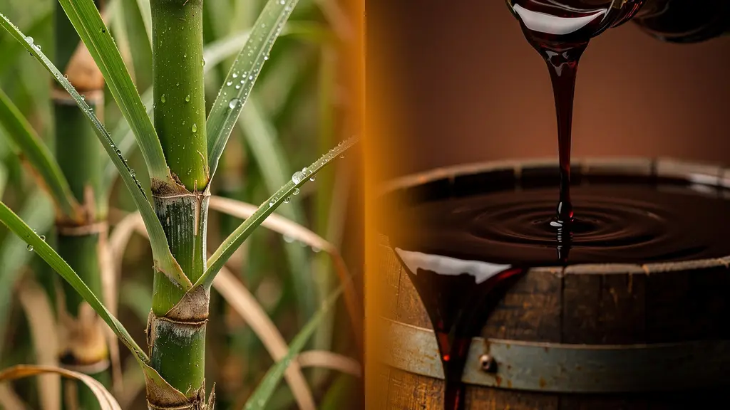 Side-by-side comparison of fresh sugarcane stalks and dark molasses syrup representing two distinct rum production methods