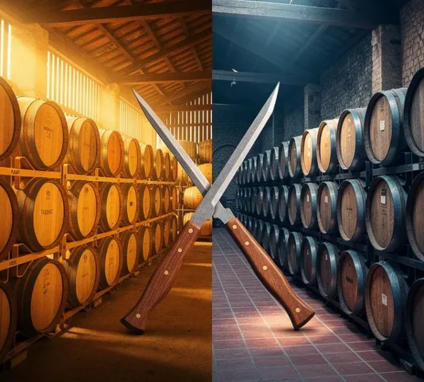 Split composition showing American and European oak barrels in aging warehouses