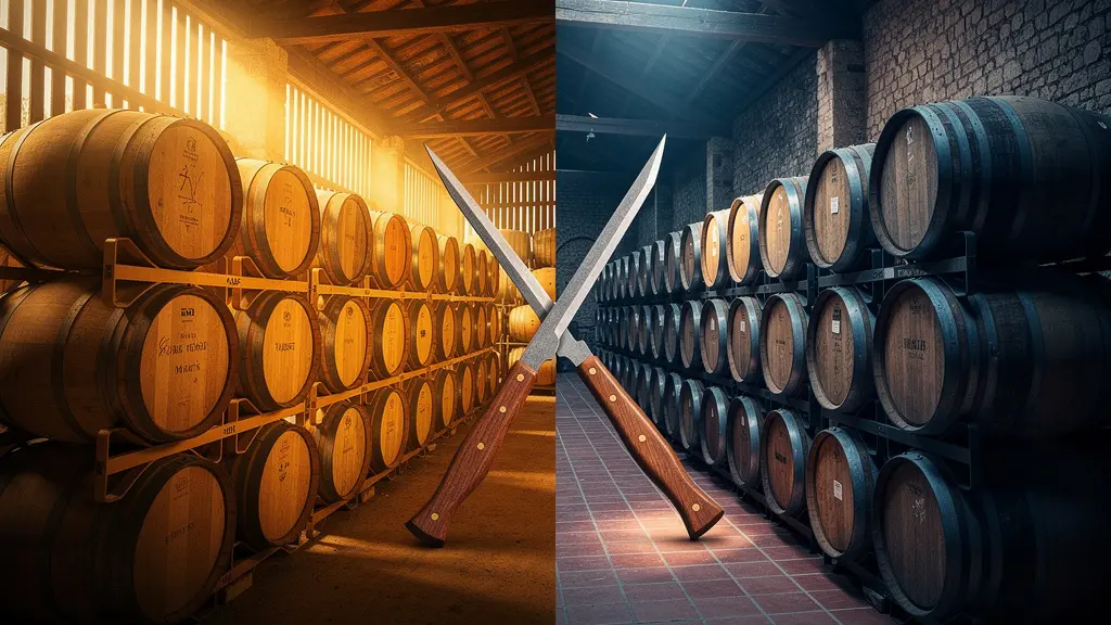 Split composition showing American and European oak barrels in aging warehouses