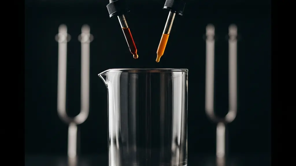 Two unlabeled bitters droppers over a mixing glass, one filled with dark aromatic bitters and one with orange-tinted bitters.