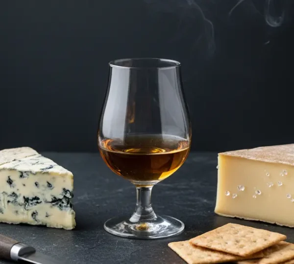 A moody editorial food scene with blue cheese and Comte beside a glass of peated whisky, styled on a dark stone surface with clean negative space.