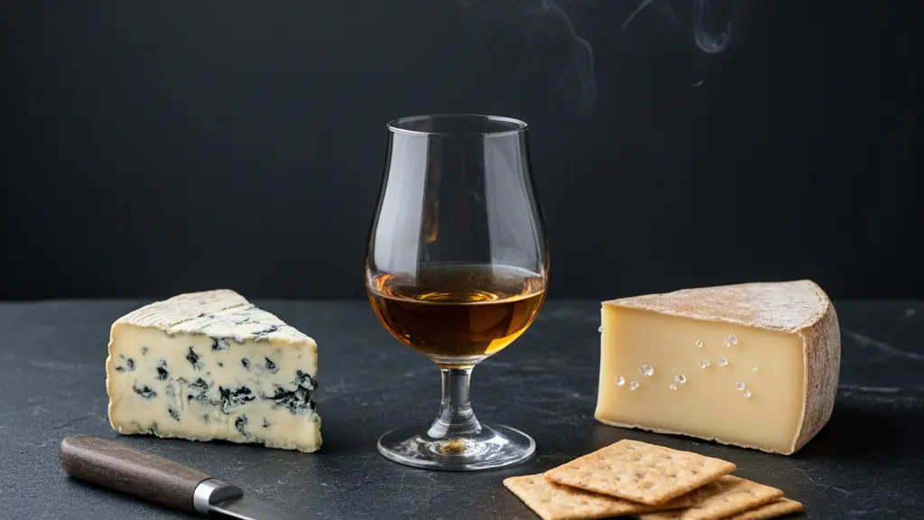 A moody editorial food scene with blue cheese and Comte beside a glass of peated whisky, styled on a dark stone surface with clean negative space.