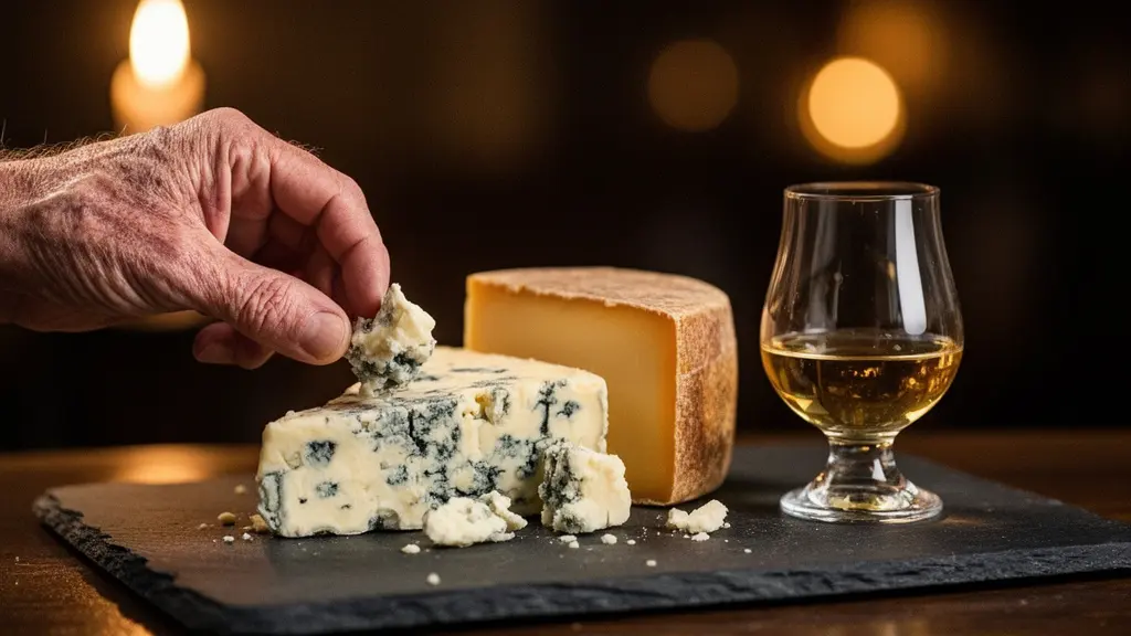 A hand reaching toward a rustic slate board displaying wedges of blue cheese and aged Comté beside a smoky whisky glass in warm candlelight