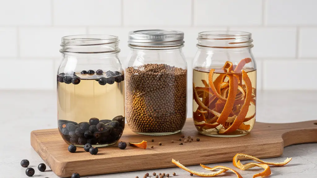 Home botanical infusion setup with glass jars containing various single botanicals steeping in clear spirits