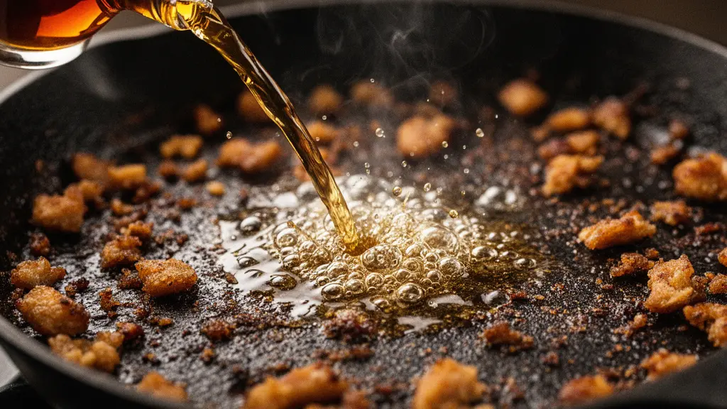 Extreme close-up macro shot of amber bourbon hitting a hot cast iron pan, dissolving dark caramelized fond with bubbling and steam.