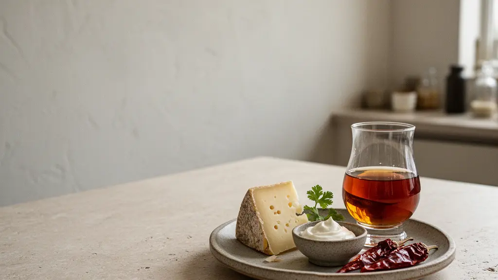 Warm-toned arrangement of a spicy rum glass beside aged cheese and cream ingredients illustrating capsaicin-dampening dairy bridges