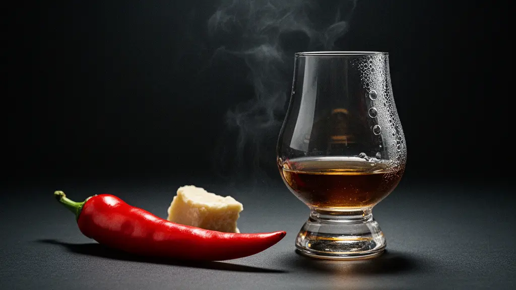 Conceptual still life showing a whisky glass and a red chili with blurred heat-haze and sharp lighting, symbolizing sensory overload without any text.