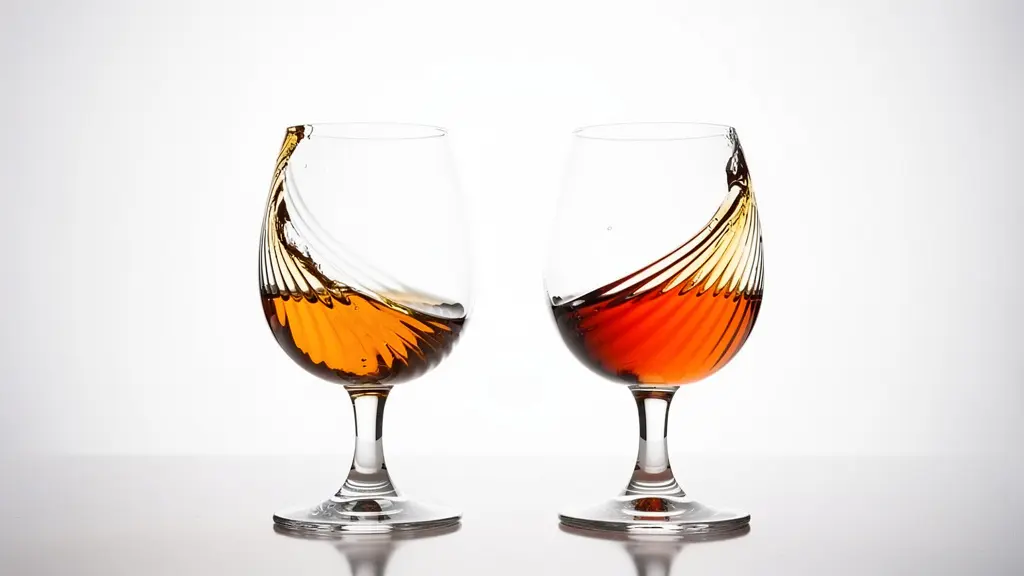 Side-by-side comparison of whisky glasses showing different leg patterns at various alcohol concentrations