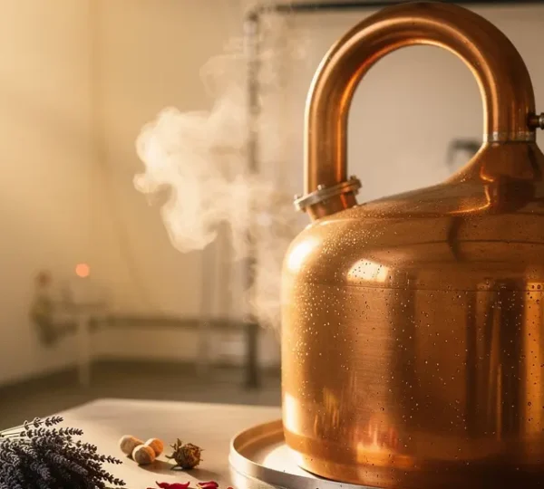 Traditional copper pot still with visible steam vapor and condensation process capturing delicate floral spirit essences