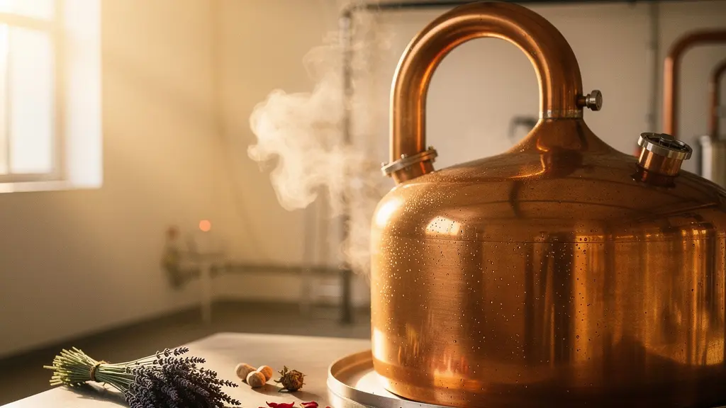 Traditional copper pot still with visible steam vapor and condensation process capturing delicate floral spirit essences