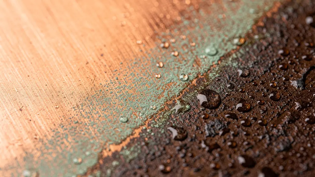 Macro view of copper still surface showing different stages of patina and sulfide buildup