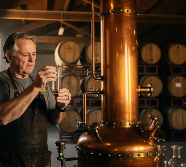 Artisan distiller examining copper pot still during heart cut separation process
