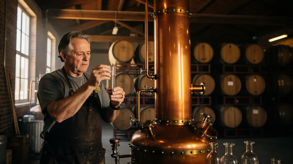 Artisan distiller examining copper pot still during heart cut separation process