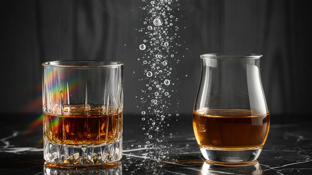 Two whisky nosing glasses side by side showcasing crystal and borosilicate materials with light refracting through amber liquid