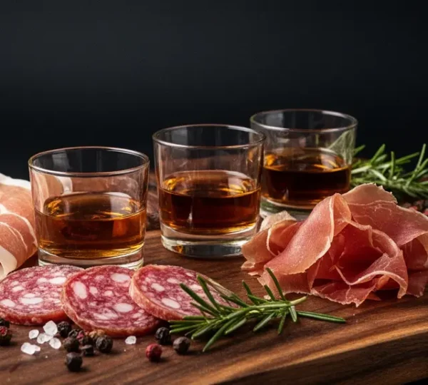 An elegant charcuterie board with thinly sliced cured meats alongside amber-colored spirits in tasting glasses on a dark wooden surface