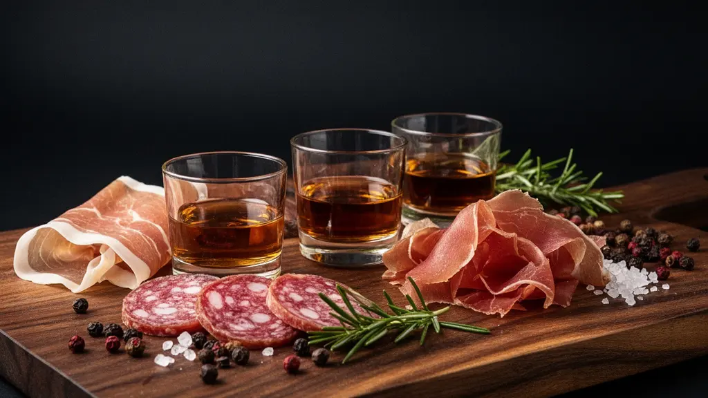 An elegant charcuterie board with thinly sliced cured meats alongside amber-colored spirits in tasting glasses on a dark wooden surface