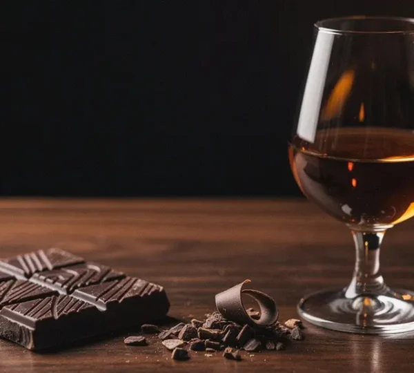A piece of 70% dark chocolate resting beside an amber-filled tulip glass of aged spirit on a dark wooden surface with soft warm lighting