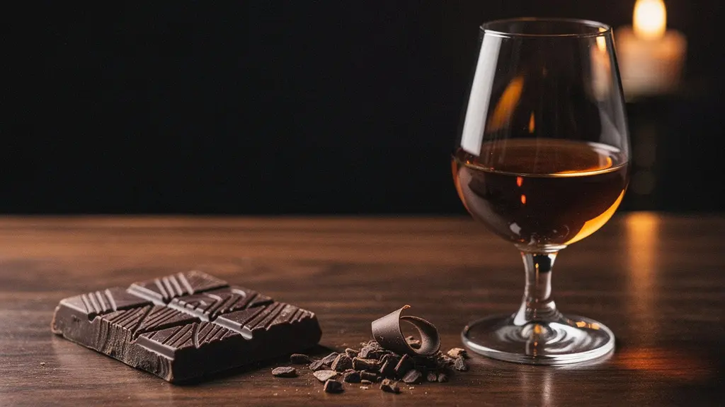 A piece of 70% dark chocolate resting beside an amber-filled tulip glass of aged spirit on a dark wooden surface with soft warm lighting