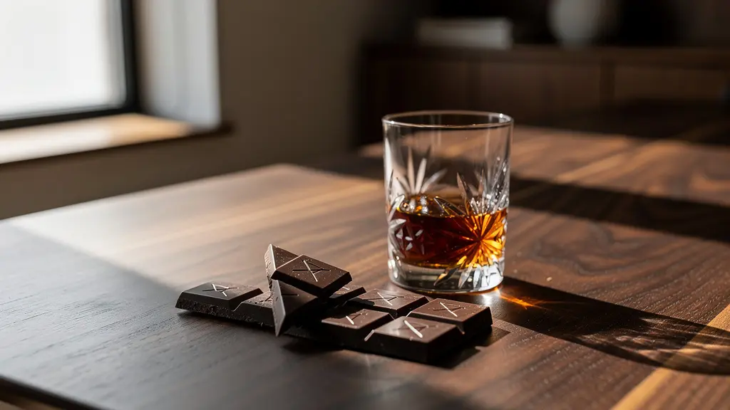 Extreme close-up of dark chocolate square next to amber whiskey showing texture contrast