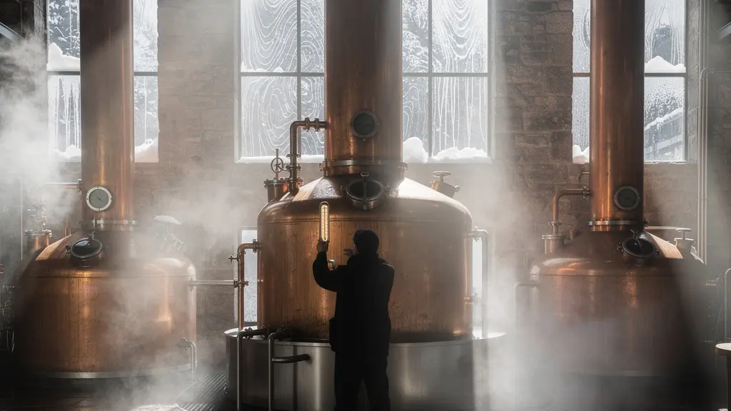 Atmospheric distillery scene with winter steam and condensation