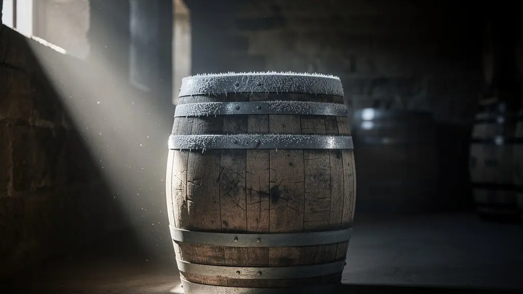 A single dormant whisky cask in a cold Highland warehouse