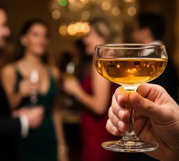 Professional holding a coupe cocktail glass at an elegant party, photographed with shallow depth of field