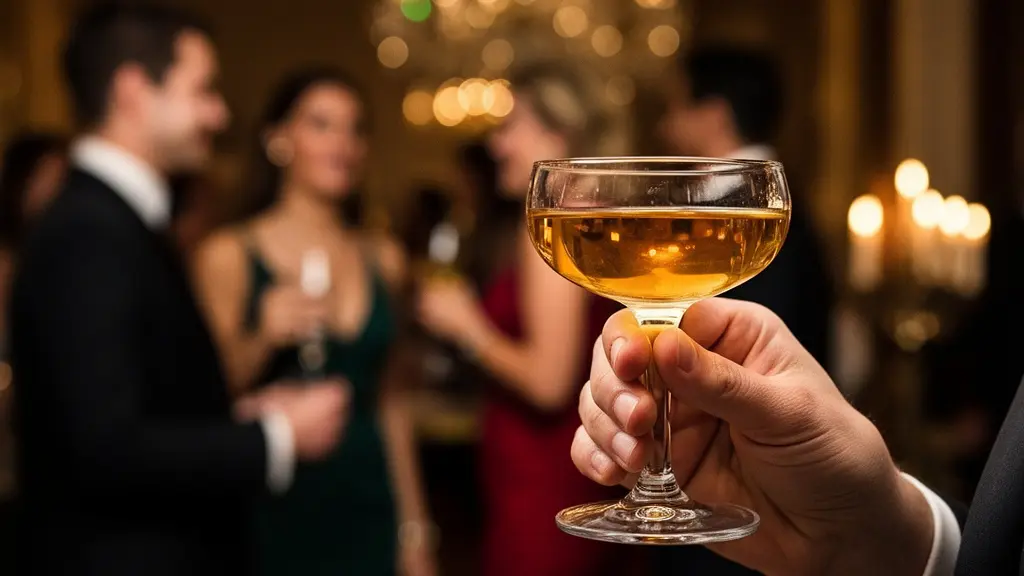 Professional holding a coupe cocktail glass at an elegant party, photographed with shallow depth of field
