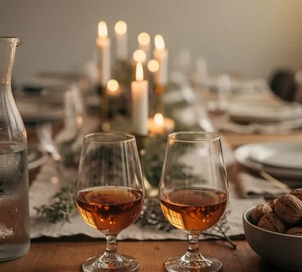 Elegant dinner table set for a spirit tasting evening with small nosing glasses, water carafes, and warm candlelight in a sophisticated home setting