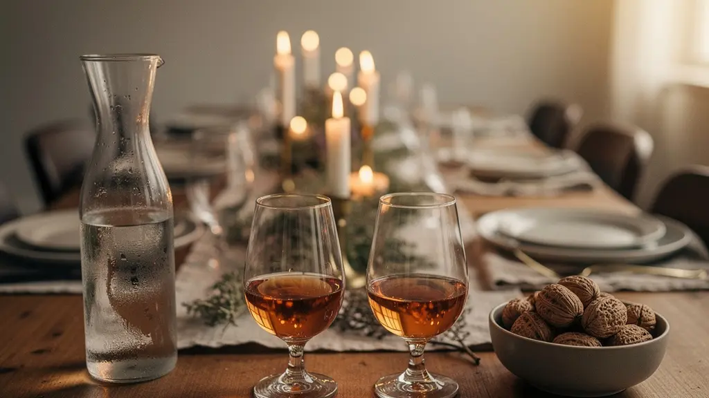 Elegant dinner table set for a spirit tasting evening with small nosing glasses, water carafes, and warm candlelight in a sophisticated home setting