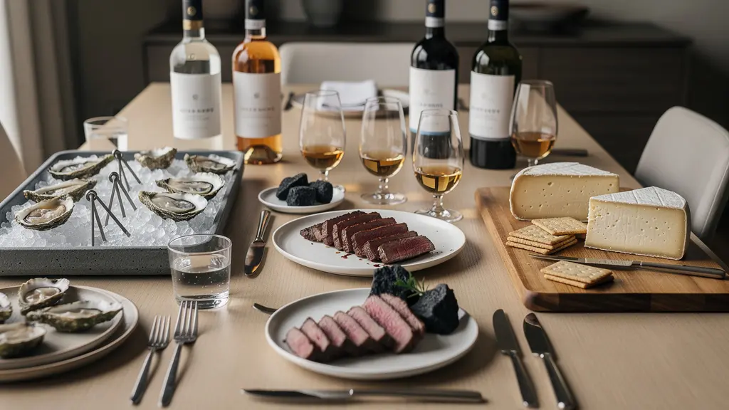 Wide shot of elegant dinner table with various spirits and dishes arranged in progression