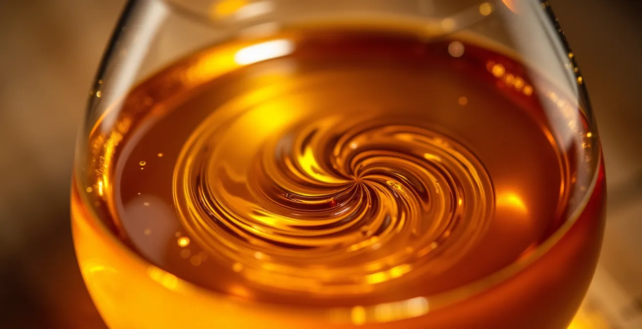Close-up macro shot of brown butter being incorporated into bourbon for fat-washing technique