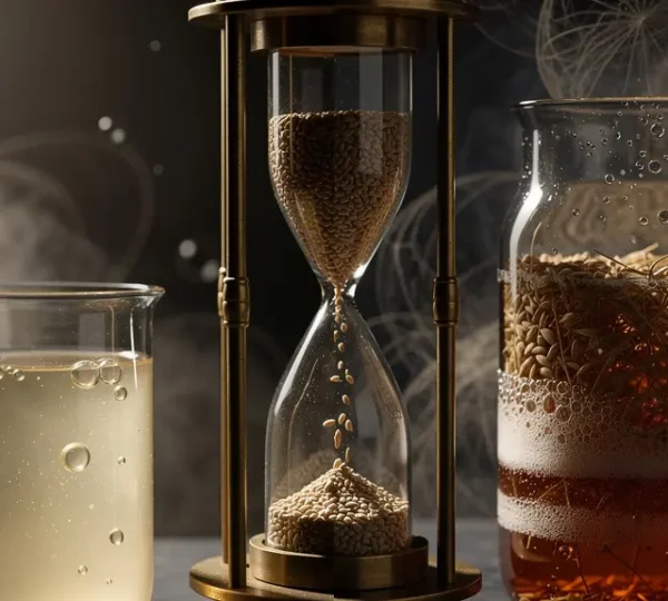 Comparison of short and long fermentation processes in distilling showing time progression and flavor development