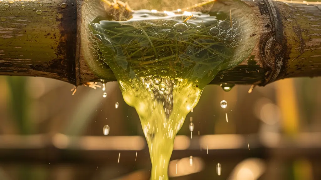 Close-up macro shot of fresh sugarcane juice being pressed with visible plant fibers and aromatic vapor