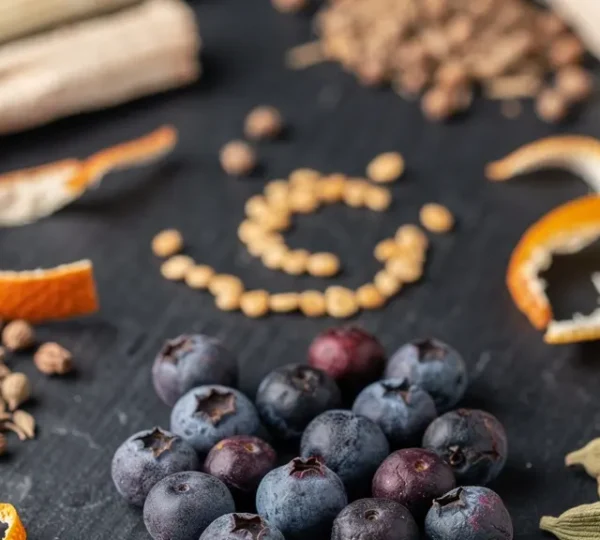 Close-up of gin botanicals including juniper berries, coriander seeds, and citrus peels arranged for botanical identification