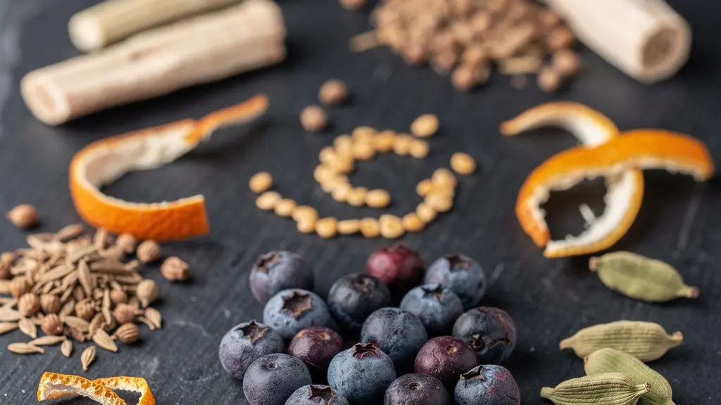 Close-up of gin botanicals including juniper berries, coriander seeds, and citrus peels arranged for botanical identification