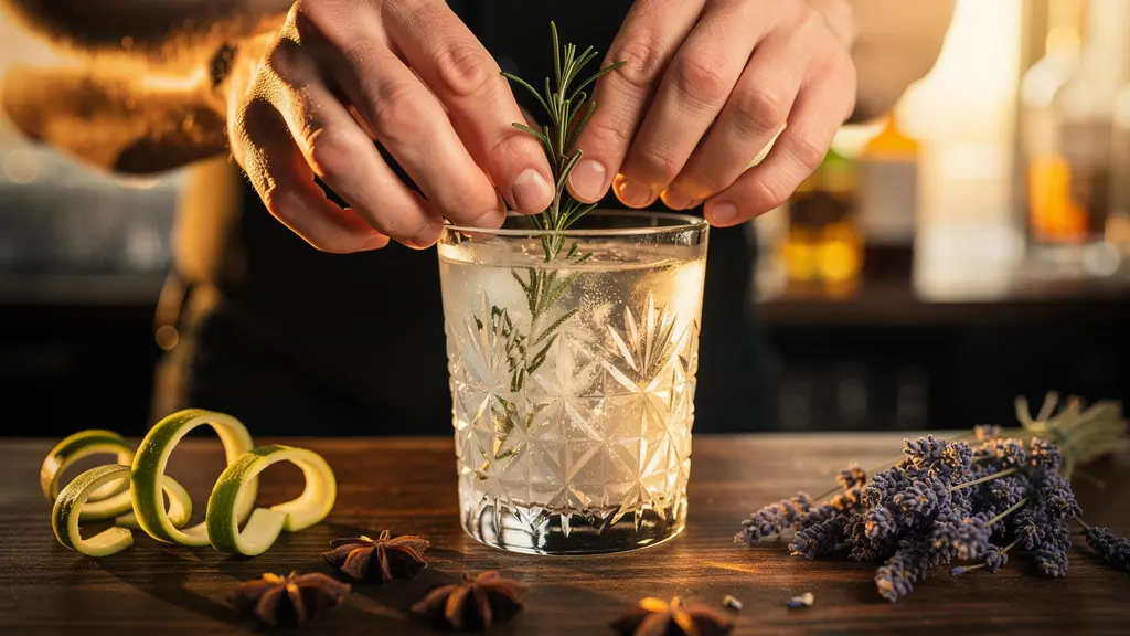 Array of gin and tonic glasses with different botanical garnishes demonstrating proper pairing techniques
