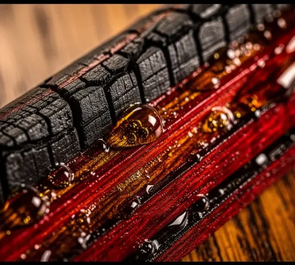 Cross-section view of charred oak barrel interior showing deep carbon layers