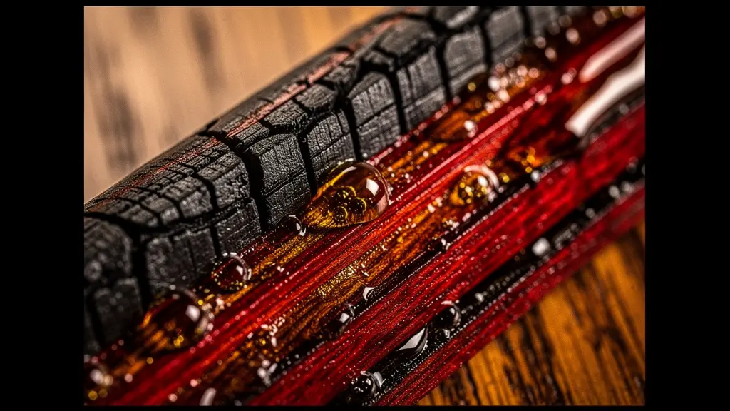 Cross-section view of charred oak barrel interior showing deep carbon layers