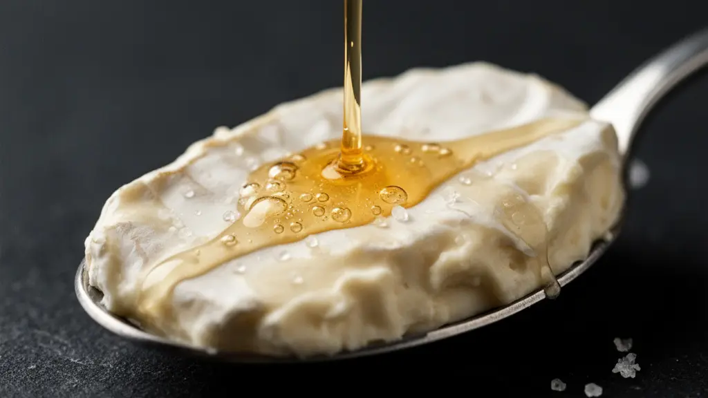 Extreme close-up of triple creme brie paste and a whisky splash on a tasting spoon, emphasizing glossy fat and liquid textures with no text or branding.