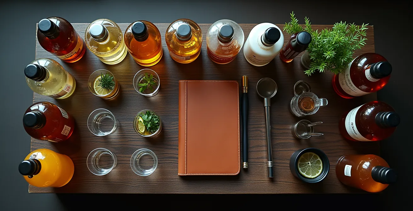 Overhead view of organized home bar station setup for cocktail creation and experimentation