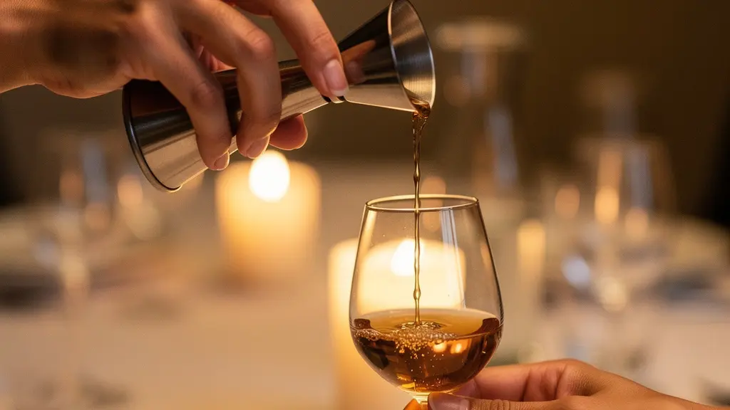 A host's hands carefully pouring a measured half-dram of amber spirit from a small jigger into a Glencairn glass at a warmly lit dinner table