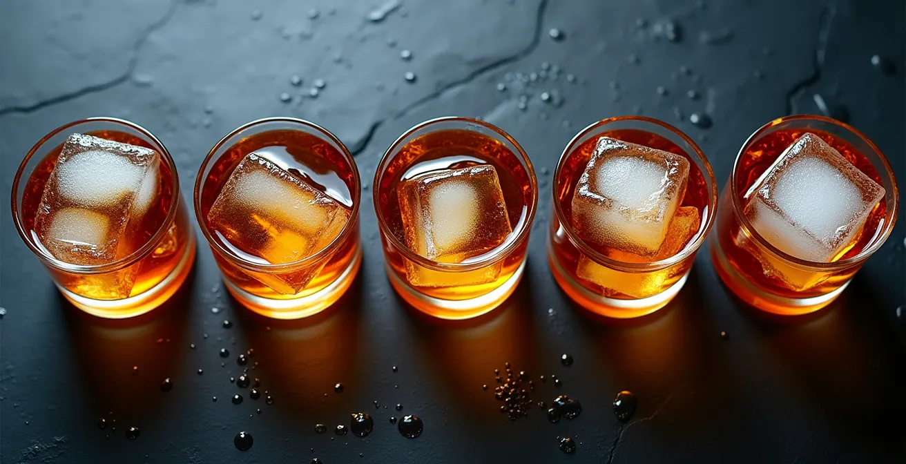 Multiple cocktail glasses showing different ice shapes and their dilution effects