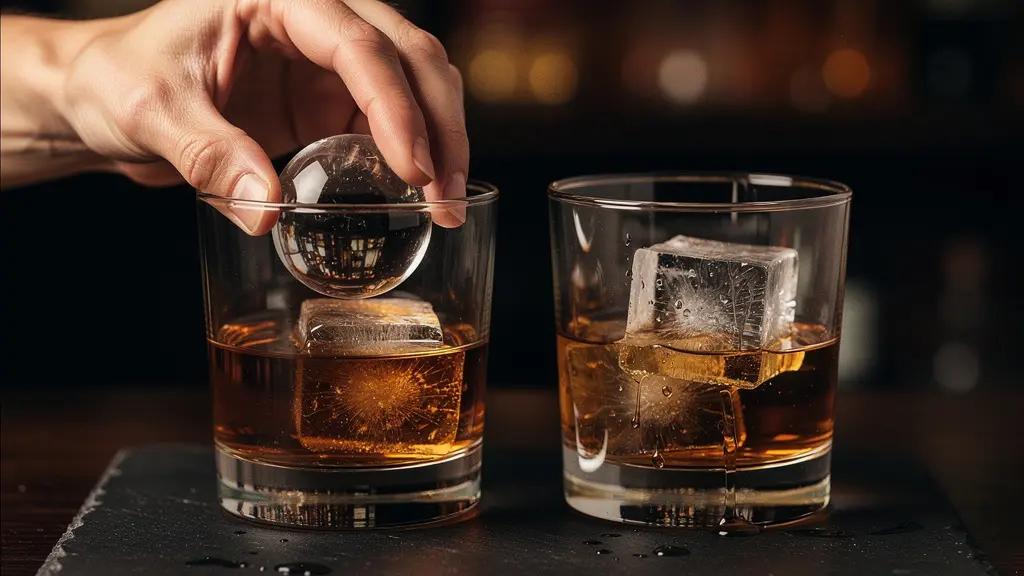 Side-by-side comparison of a clear ice sphere and a clear ice cube in two identical whiskey glasses on a dark surface, showing meltwater differences