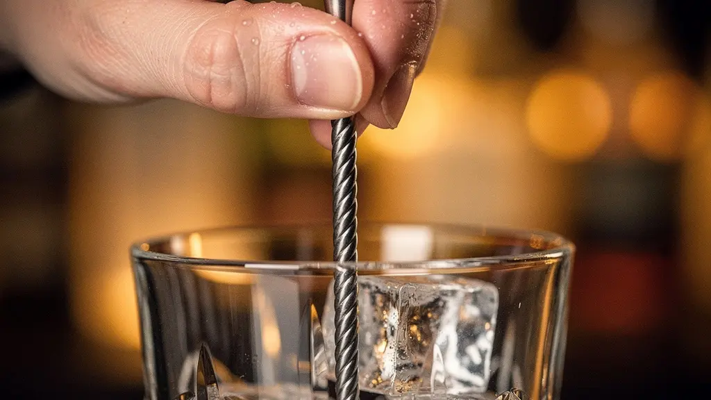 Extreme close-up of a bartender's fingers holding a spiraled barspoon mid-rotation inside a mixing glass with ice, showing the precise finger placement technique