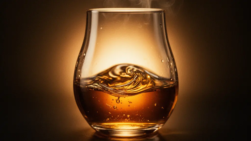 Extreme close-up of amber spirit swirling inside a tulip-shaped nosing glass, with warm light refracting through the liquid and revealing its golden texture