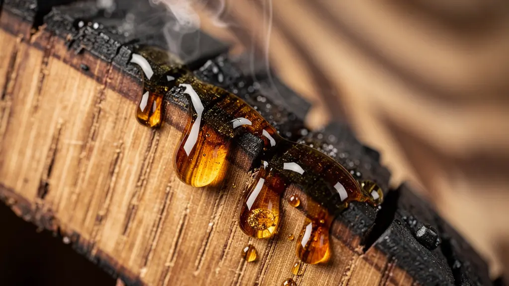 Extreme close-up of oak barrel stave showing wood pores and char layer interaction