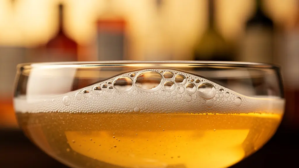 Extreme close-up of cocktail surface tension at the wash line of a coupe glass