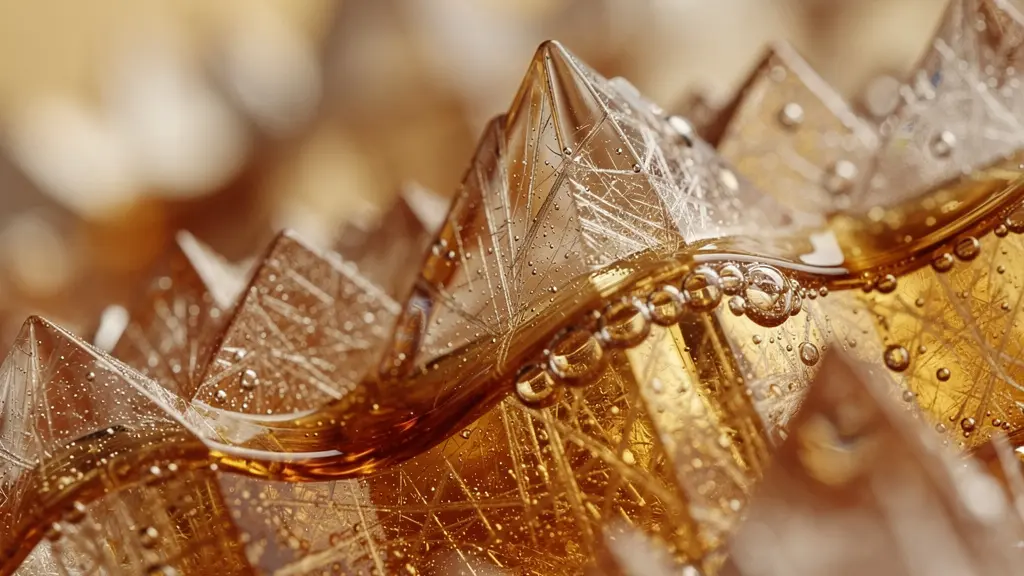 Extreme macro view of crystal glass surface showing microscopic peaks and valleys with liquid interaction